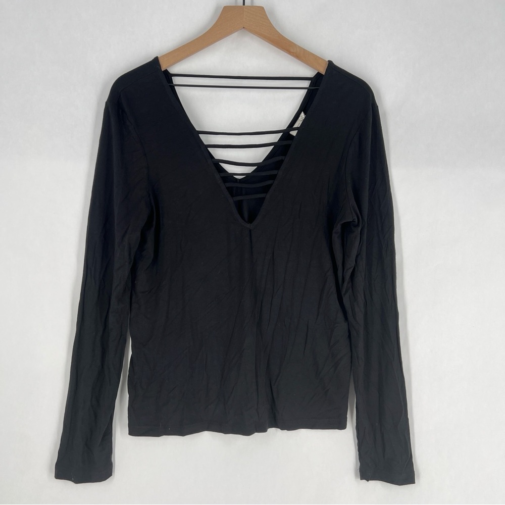 Good Luck Gem Black Strappy Long Sleeve V-Neck Blouse NWT Size L